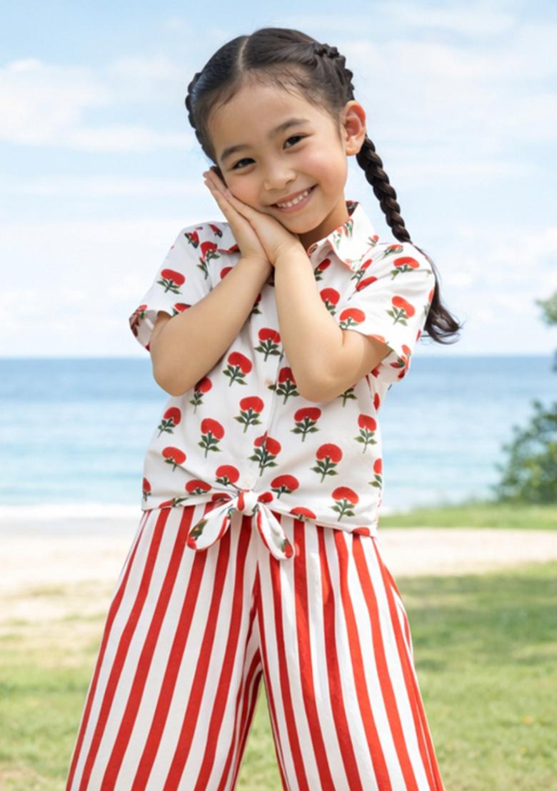 Orange Floral Print Cotton Co Ord Set For Girls - Indya
