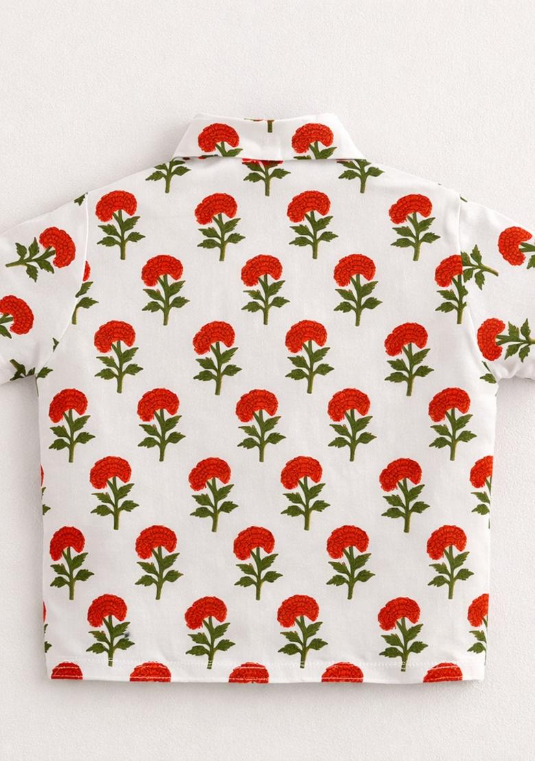 Orange Floral Print Cotton Co Ord Set For Girls - Indya