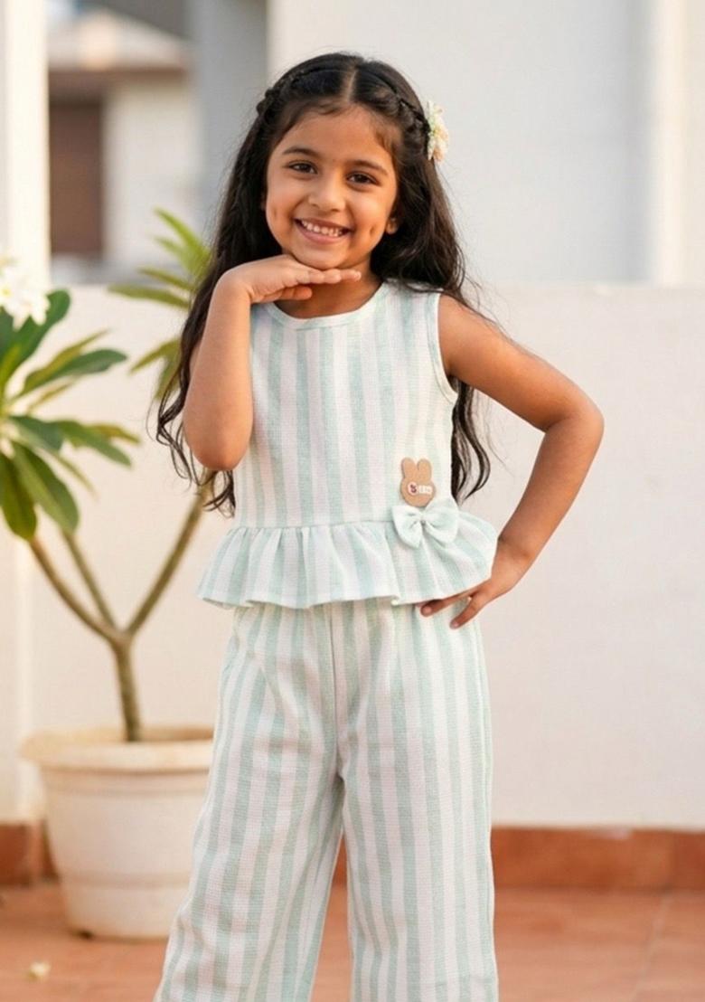 Mint Striped Polyester Co Ord Set For Girls - Indya
