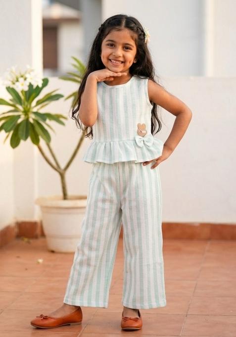 Mint Striped Polyester Co Ord Set For Girls