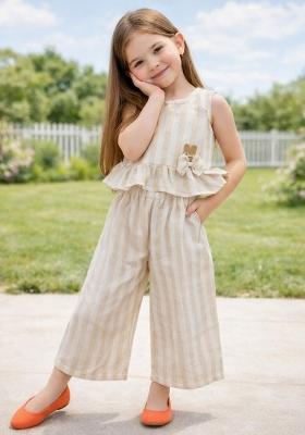 Beige Striped Polyester Co Ord Set For Girls