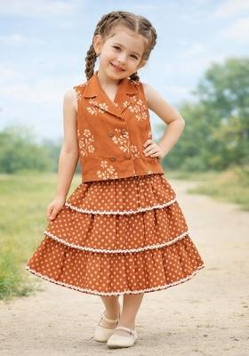 Rust Floral Print Cotton Skirt Set For Girls