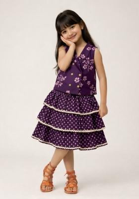 Purple Floral Print Cotton Skirt Set For Girls