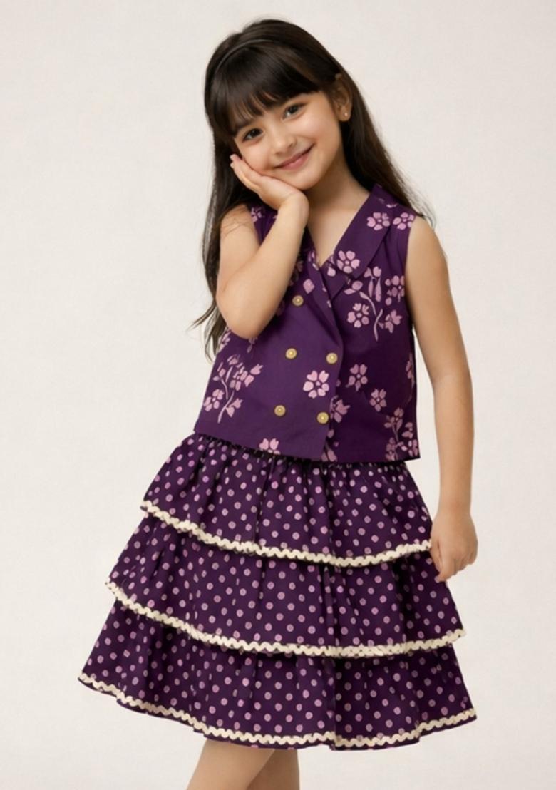 Purple Floral Print Cotton Skirt Set For Girls - Indya