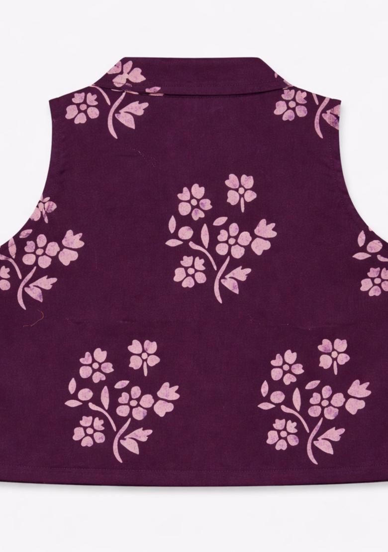 Purple Floral Print Cotton Skirt Set For Girls - Indya