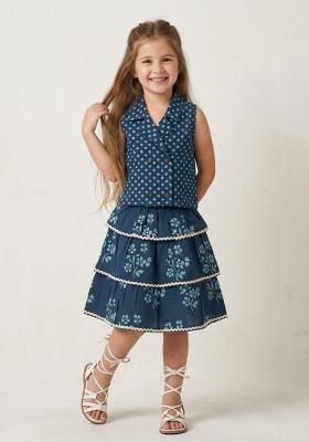 Teal Blue Polka Dots Cotton Skirt Set For Girls