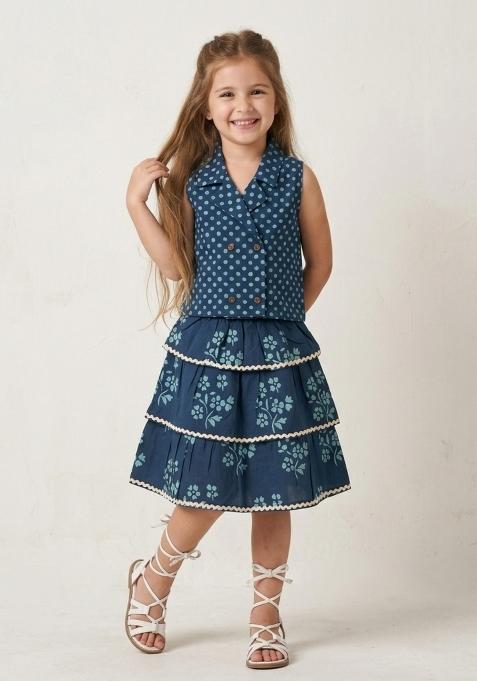 Teal Blue Polka Dots Cotton Skirt Set For Girls