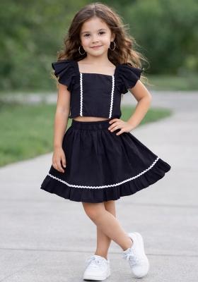 Black Lace Work Poplin Skirt Set For Girls