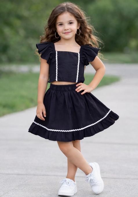 Black Lace Work Poplin Skirt Set For Girls