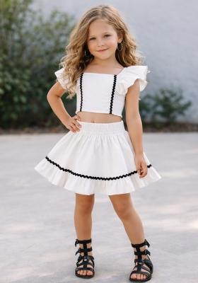 White Lace Work Poplin Skirt Set For Girls