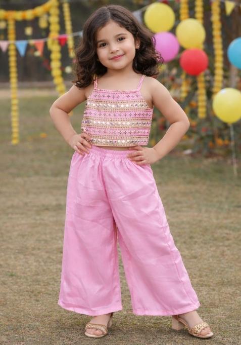 Pink Embroidered Polyester Indo Western Set For Girls