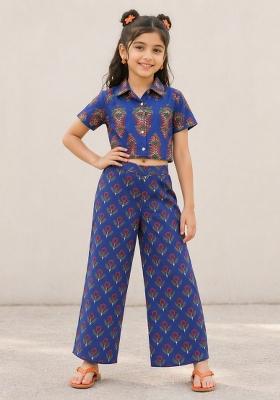 Royal Blue Printed Cambric Co Ord Set For Girls