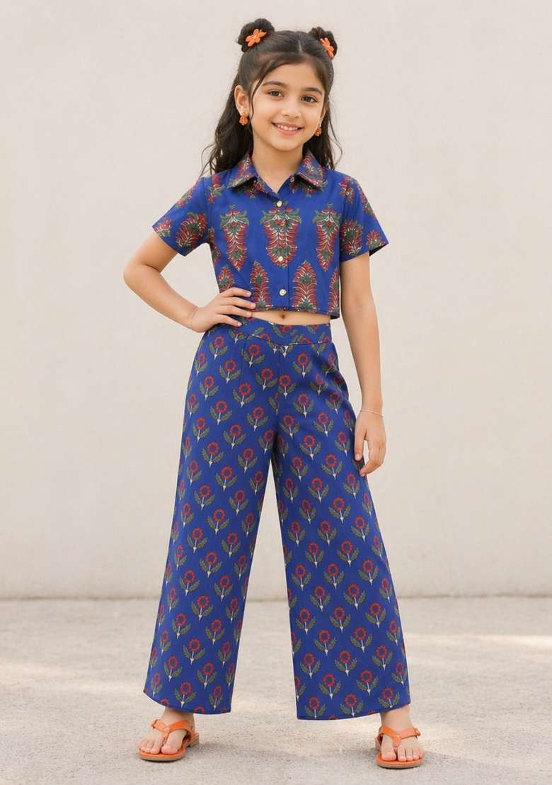 Royal Blue Printed Cambric Co Ord Set For Girls - Indya