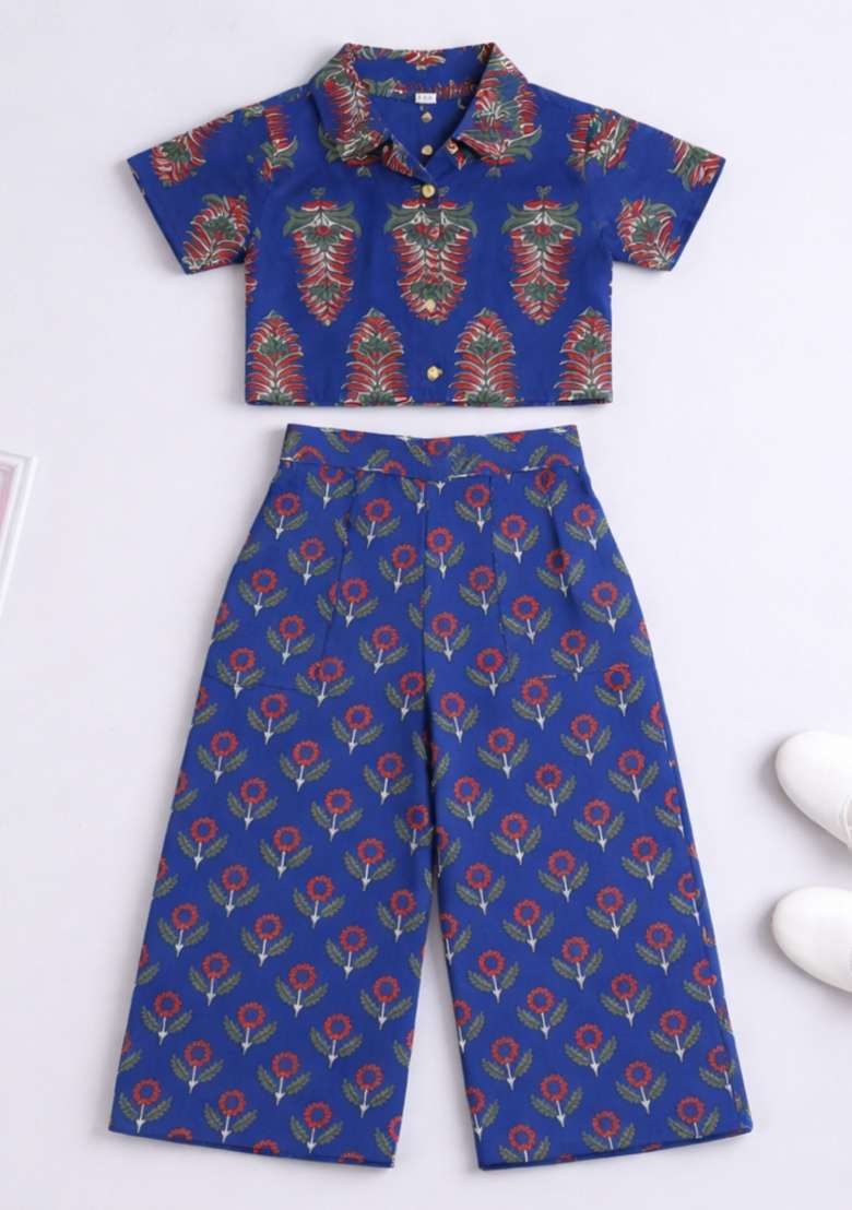 Royal Blue Printed Cambric Co Ord Set For Girls - Indya