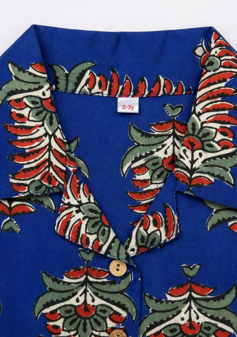 Royal Blue Printed Cambric Co Ord Set For Girls - Indya