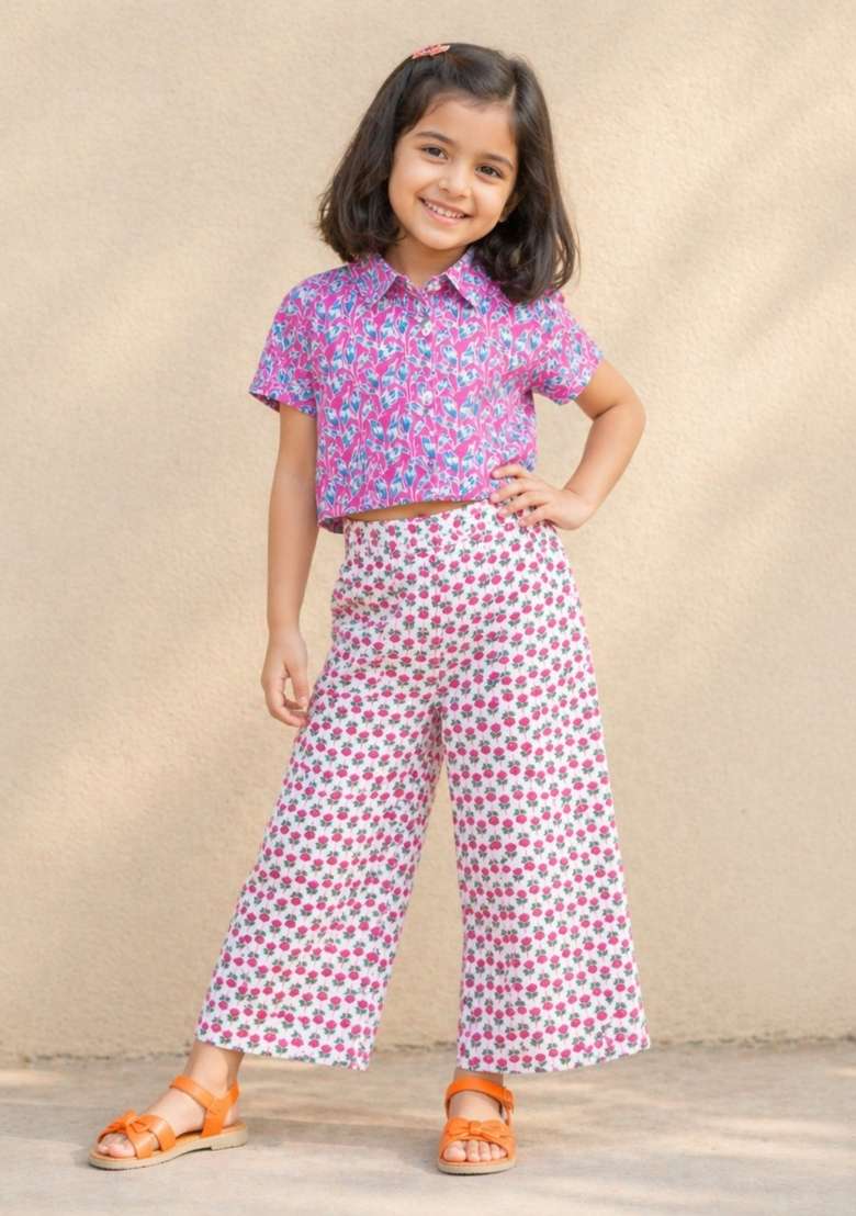 Pink Floral Printed Cambric Co Ord Set For Girls - Indya