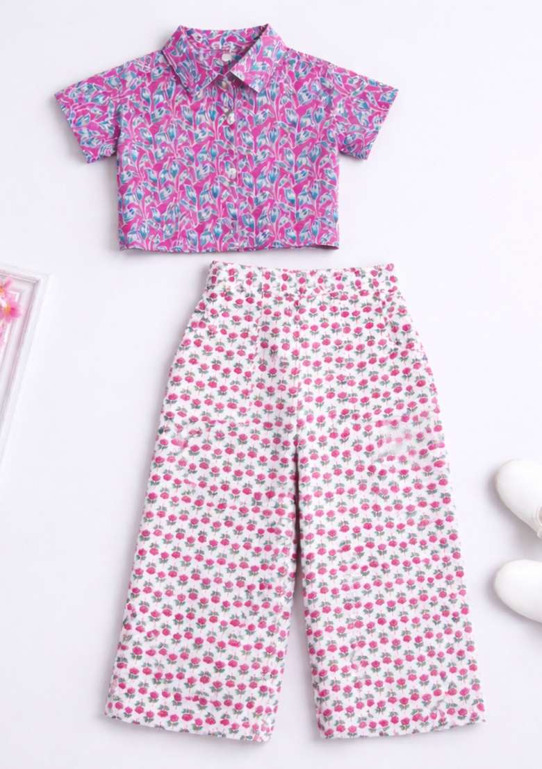 Pink Floral Printed Cambric Co Ord Set For Girls - Indya