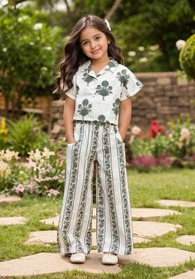 White Floral Printed Cambric Co Ord Set For Girls