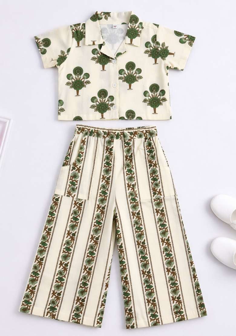 White Floral Printed Cambric Co Ord Set For Girls - Indya