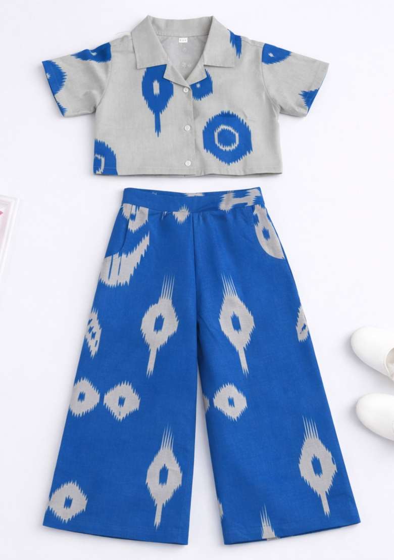 Blue Printed Cambric Co Ord Set For Girls - Indya