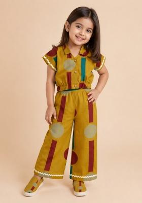 Mustard Colorblock Cambric Co Ord Set For Girls