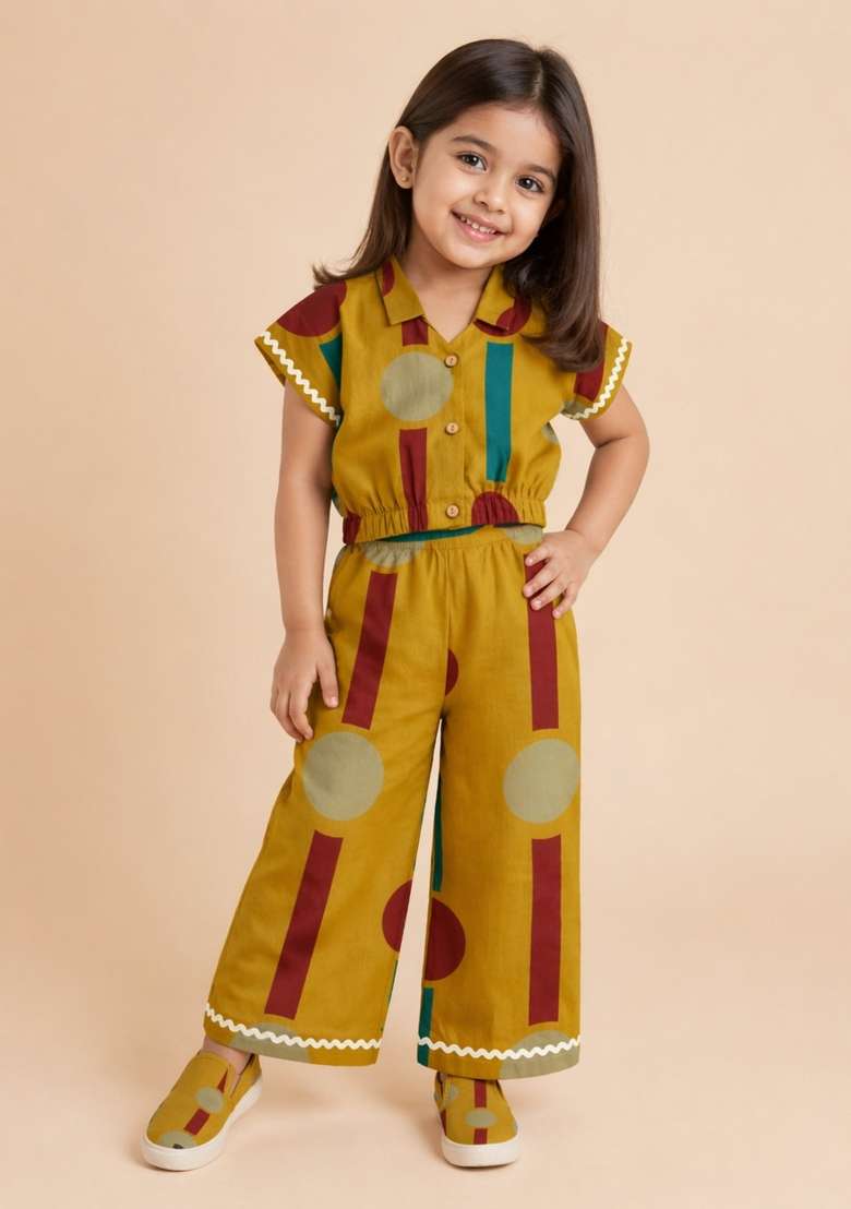 Mustard Colorblock Cambric Co Ord Set For Girls - Indya