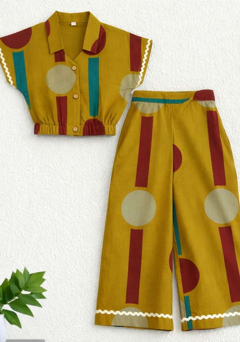 Mustard Colorblock Cambric Co Ord Set For Girls - Indya