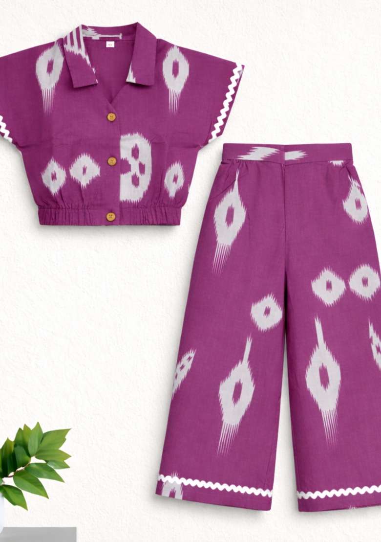 Purple Printed Cambric Co Ord Set For Girls - Indya