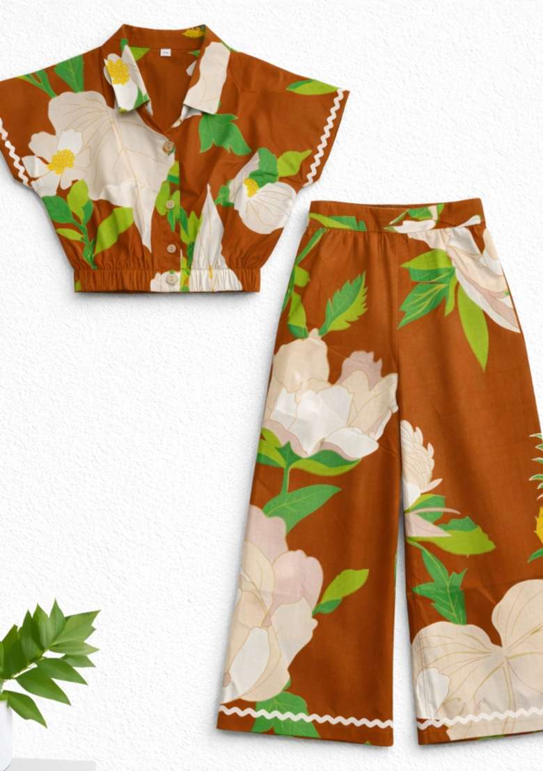 Brown Floral Printed Cambric Co Ord Set For Girls - Indya