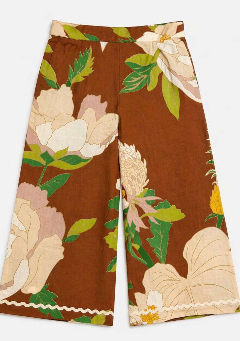 Brown Floral Printed Cambric Co Ord Set For Girls - Indya