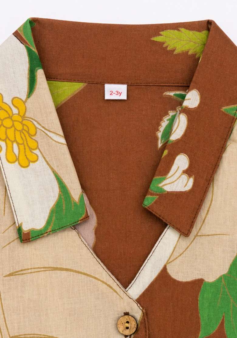 Brown Floral Printed Cambric Co Ord Set For Girls - Indya