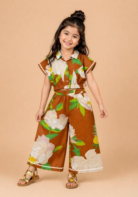 Brown Floral Printed Cambric Co Ord Set For Girls