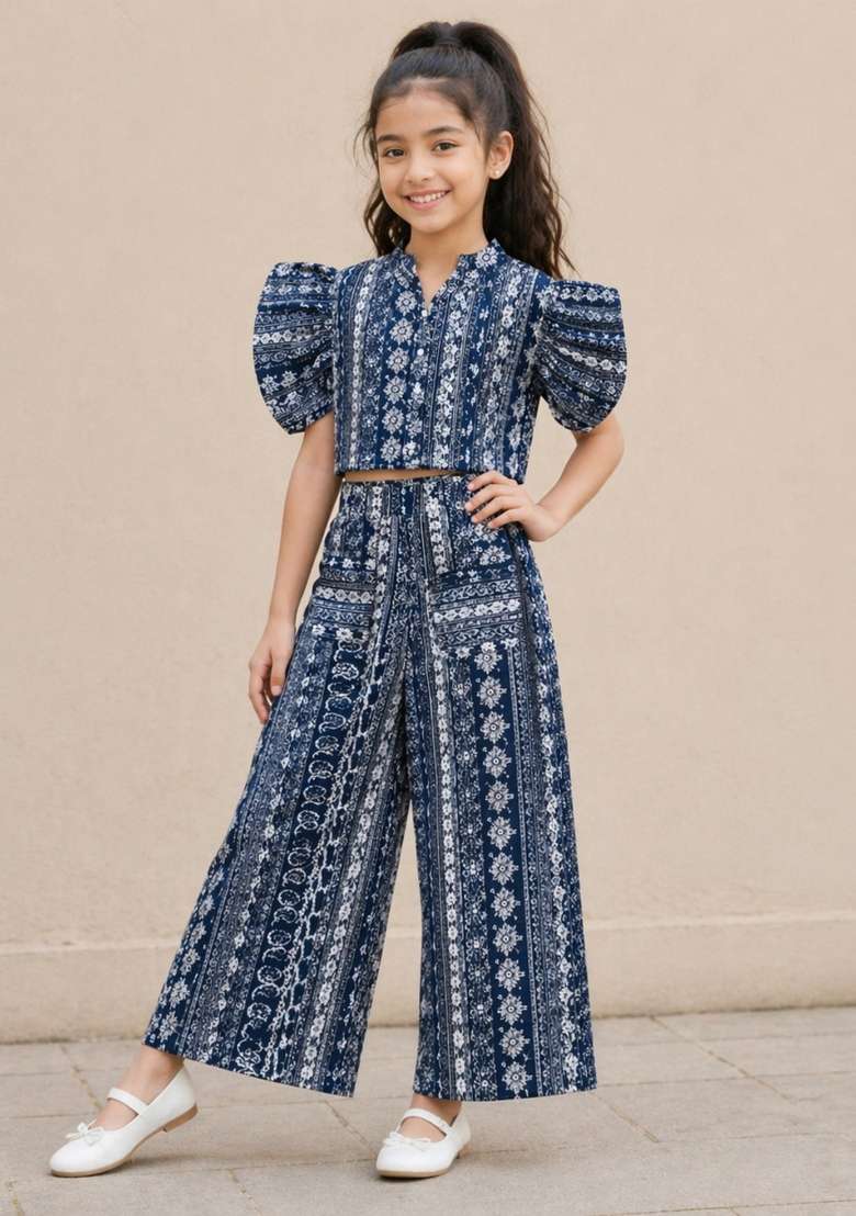 Navy Blue Printed Cambric Co Ord Set For Girls - Indya