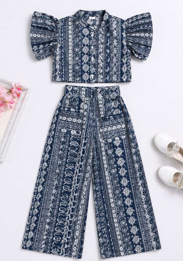 Navy Blue Printed Cambric Co Ord Set For Girls - Indya