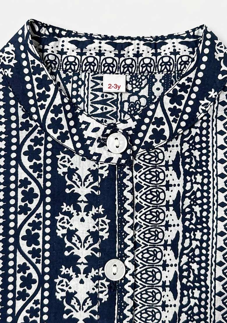 Navy Blue Printed Cambric Co Ord Set For Girls - Indya