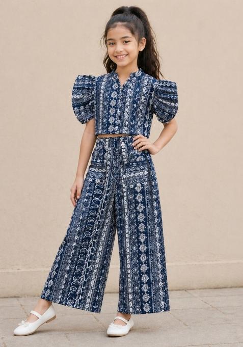 Navy Blue Printed Cambric Co Ord Set For Girls