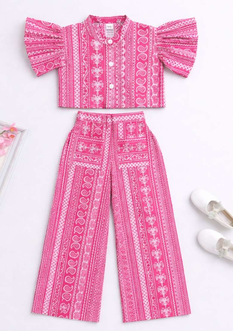 Fuchsia Printed Cambric Co Ord Set For Girls - Indya