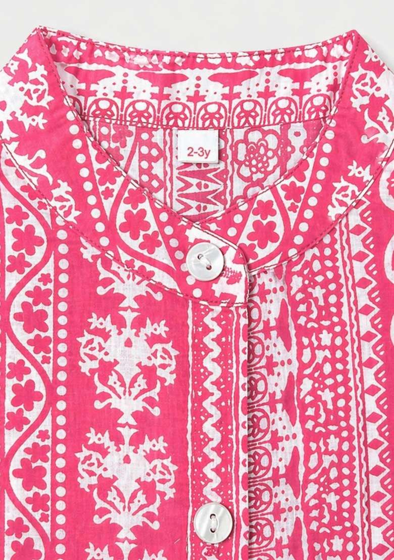 Fuchsia Printed Cambric Co Ord Set For Girls - Indya