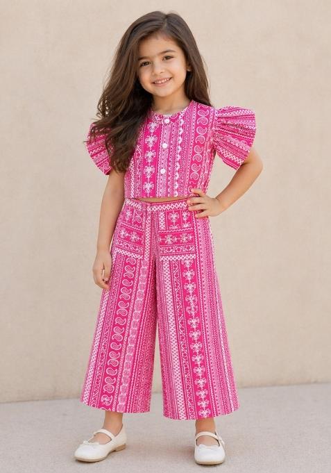 Fuchsia Printed Cambric Co Ord Set For Girls