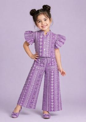 Purple Printed Cambric Co Ord Set For Girls