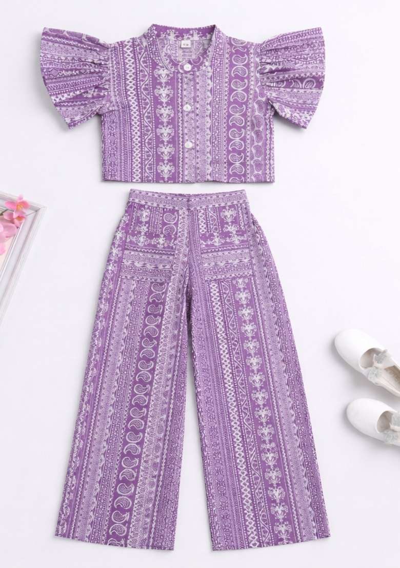 Purple Printed Cambric Co Ord Set For Girls - Indya
