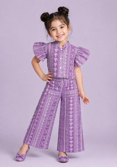 Purple Printed Cambric Co Ord Set For Girls