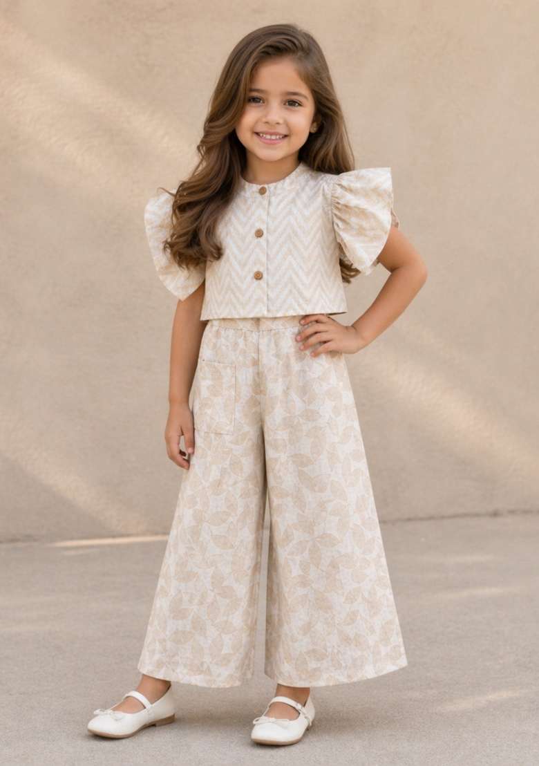 Off White Printed Cambric Co Ord Set For Girls - Indya