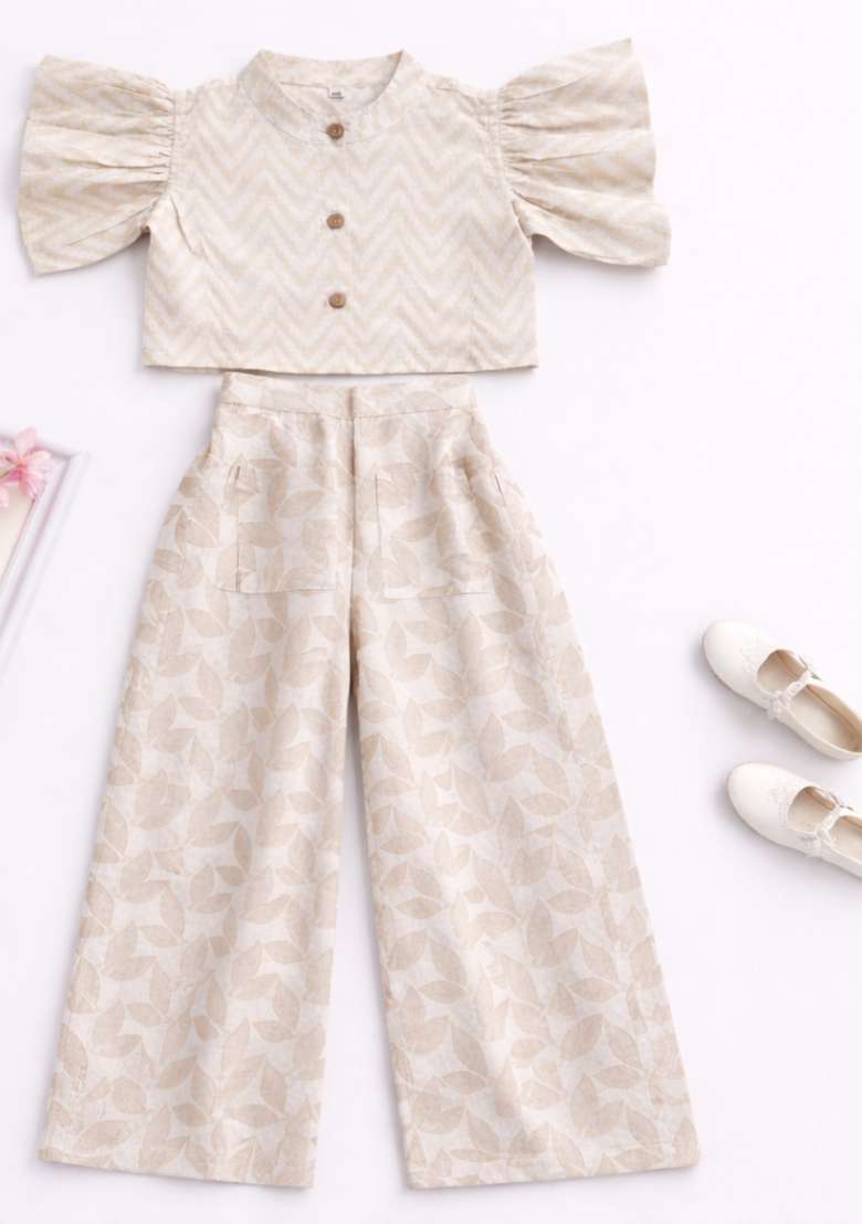Off White Printed Cambric Co Ord Set For Girls - Indya