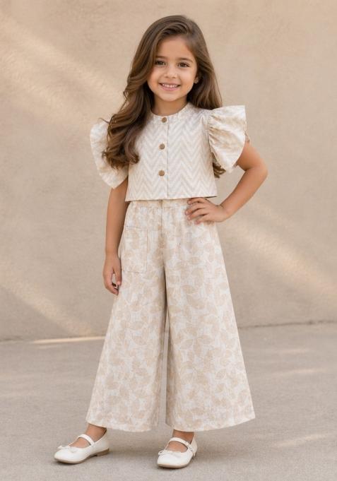 Off White Printed Cambric Co Ord Set For Girls