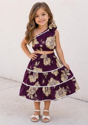 Plum Floral Printed Cambric Co Ord Set For Girls