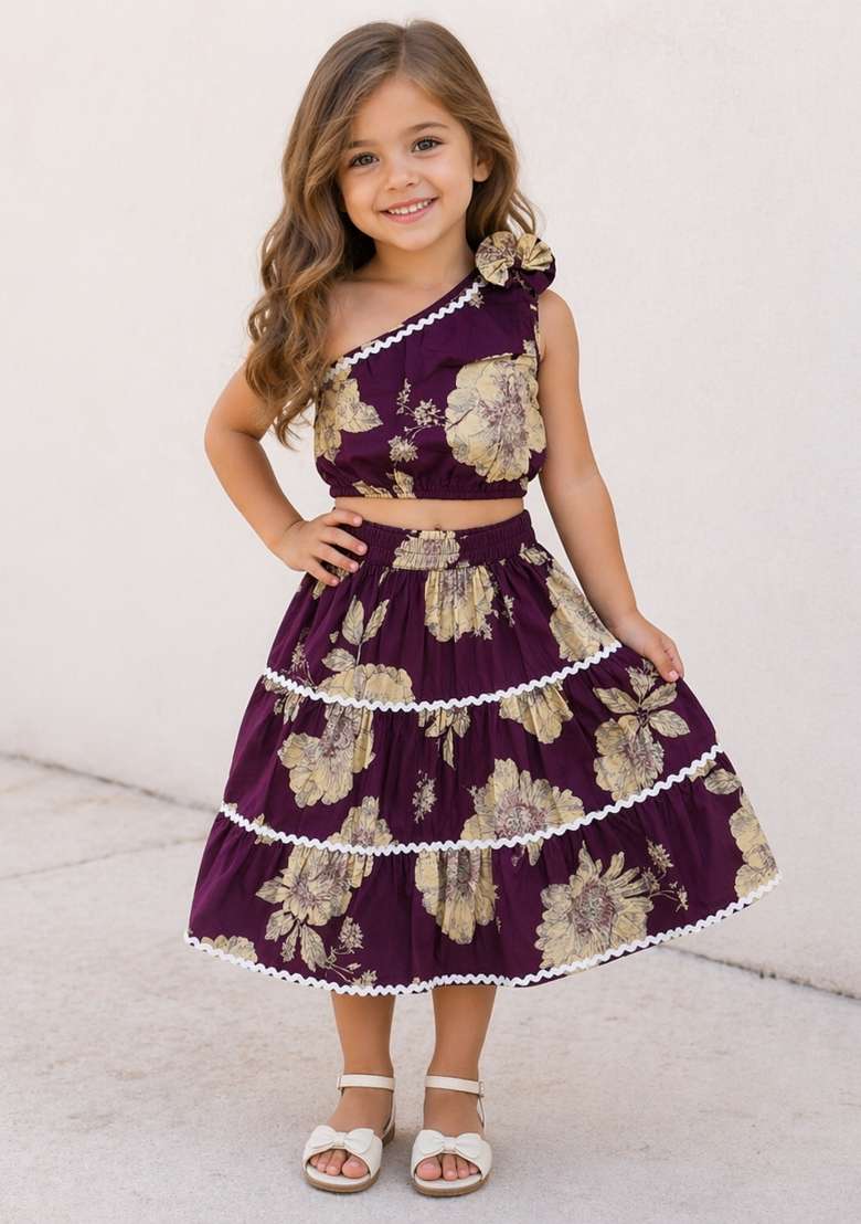 Plum Floral Printed Cambric Co Ord Set For Girls - Indya