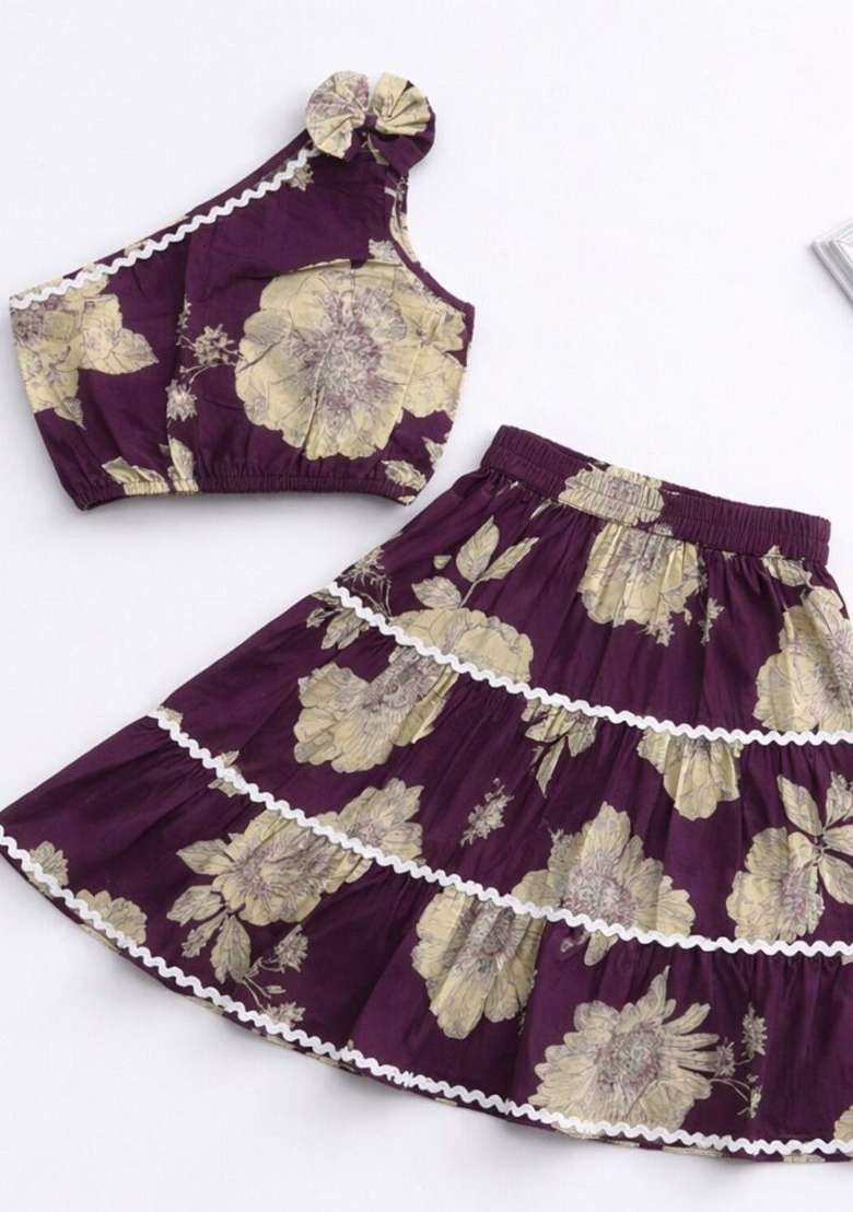 Plum Floral Printed Cambric Co Ord Set For Girls - Indya