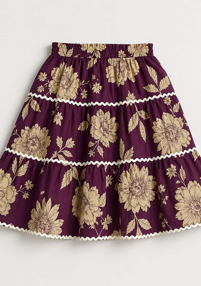 Plum Floral Printed Cambric Co Ord Set For Girls - Indya