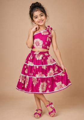Fuchsia Floral Printed Cambric Co Ord Set For Girls